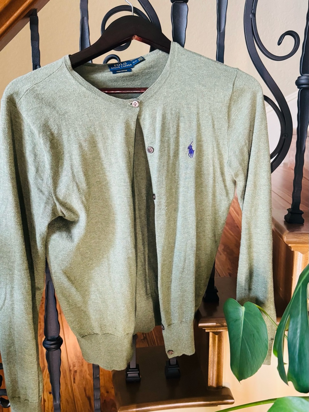 Polo by Ralph Lauren Sage Green Crewneck Cardigan with Pony Embroidery
